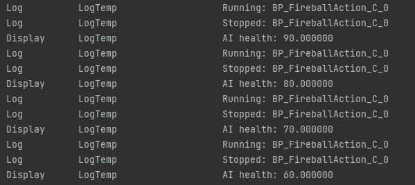 Unreal Engine logs showing that the AI got hit by projectiles and health is decreased
